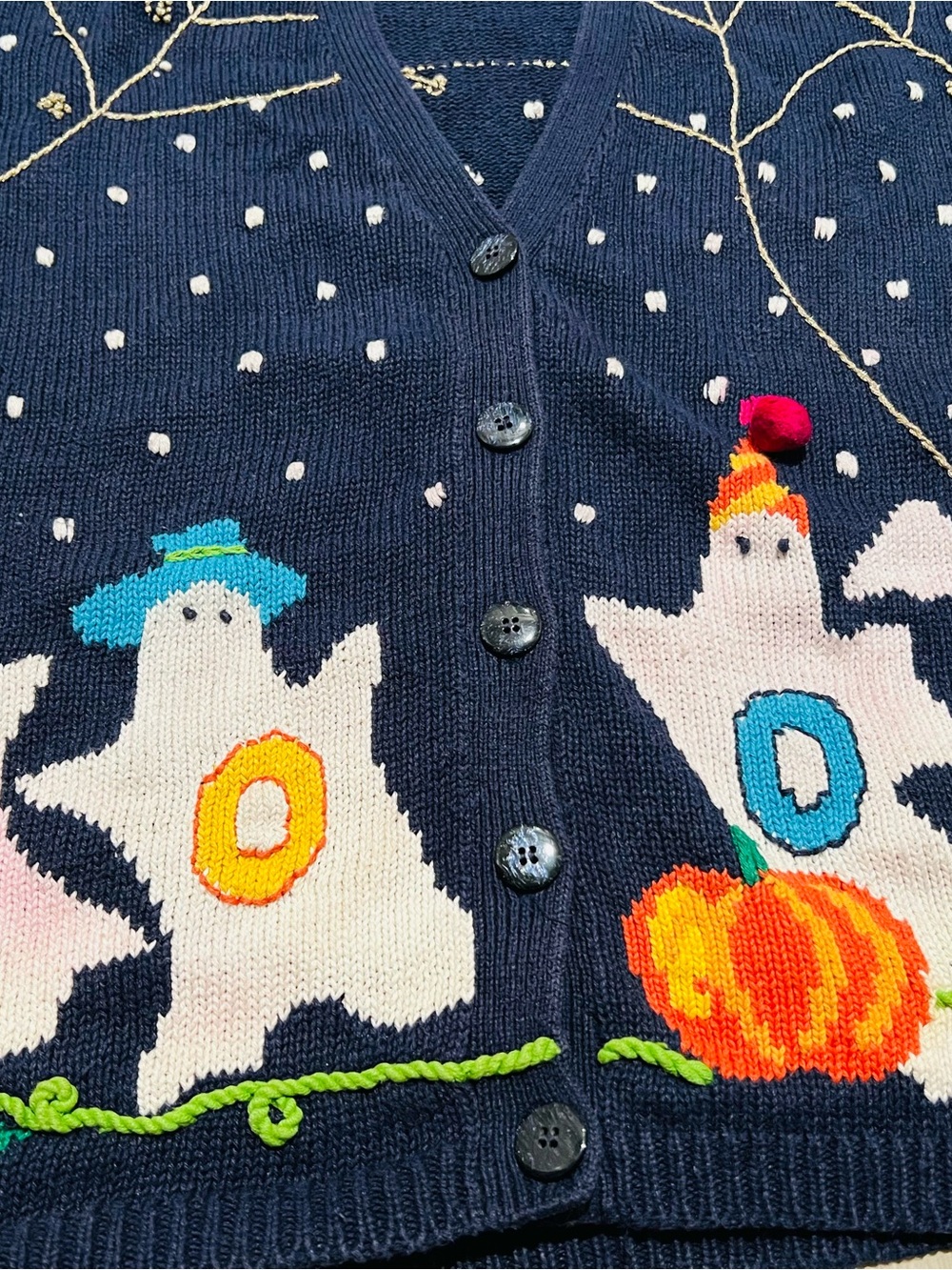 Vintage 90s Lauren Hansen Halloween Ghost and Pumpkin Novelty Knit Cardigan - Picture 5 of 8